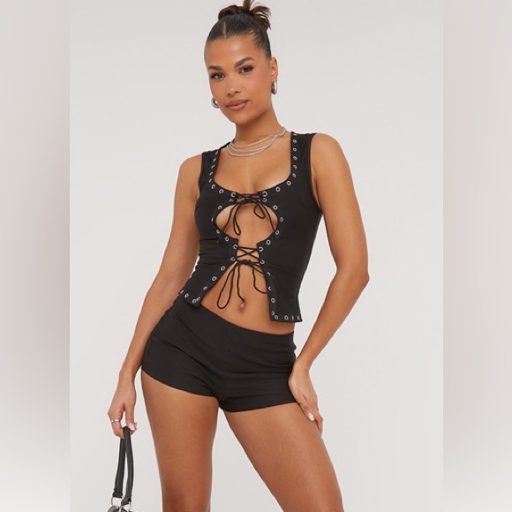 EGO Black Lace-Up Top and Shorts Set